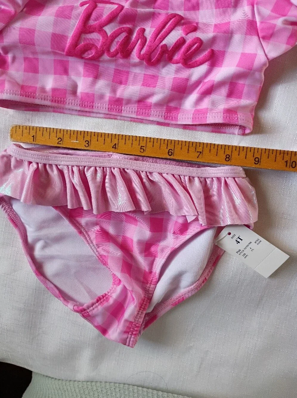 Barbie Girl's Pink Gingham Ruffle Two-Piece Swim Set Bikini Tankini Size 4